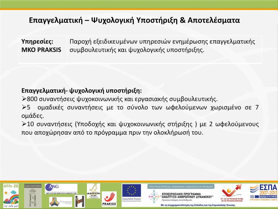 Επαγγελματική- ψυχολογική υποστήριξη: 800 συναντήσεις ψυχοκοινωνικής και εργασιακής συμβουλευτικής.