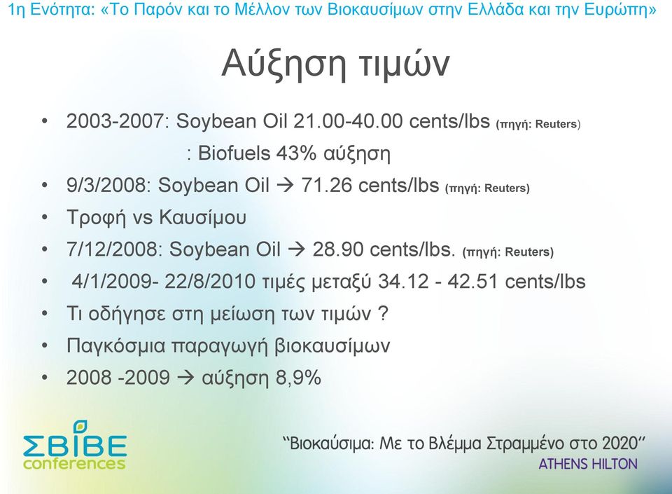 26 cents/lbs (πηγή: Reuters) Τροφή vs Καυσίμου 7/12/2008: Soybean Oil 28.90 cents/lbs.