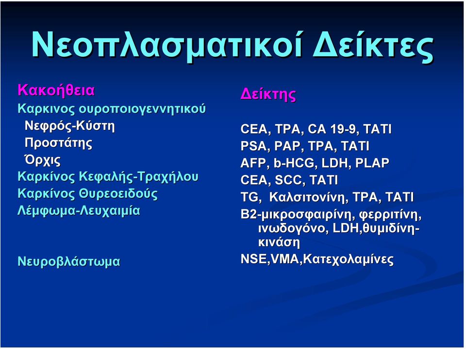 CA 19-9, 9, TATI PSA, PAP, TPA, TATI AFP, b-hcg, b LDH, PLAP CEA, SCC, TATI TG, Καλσιτονίνη, TPA,