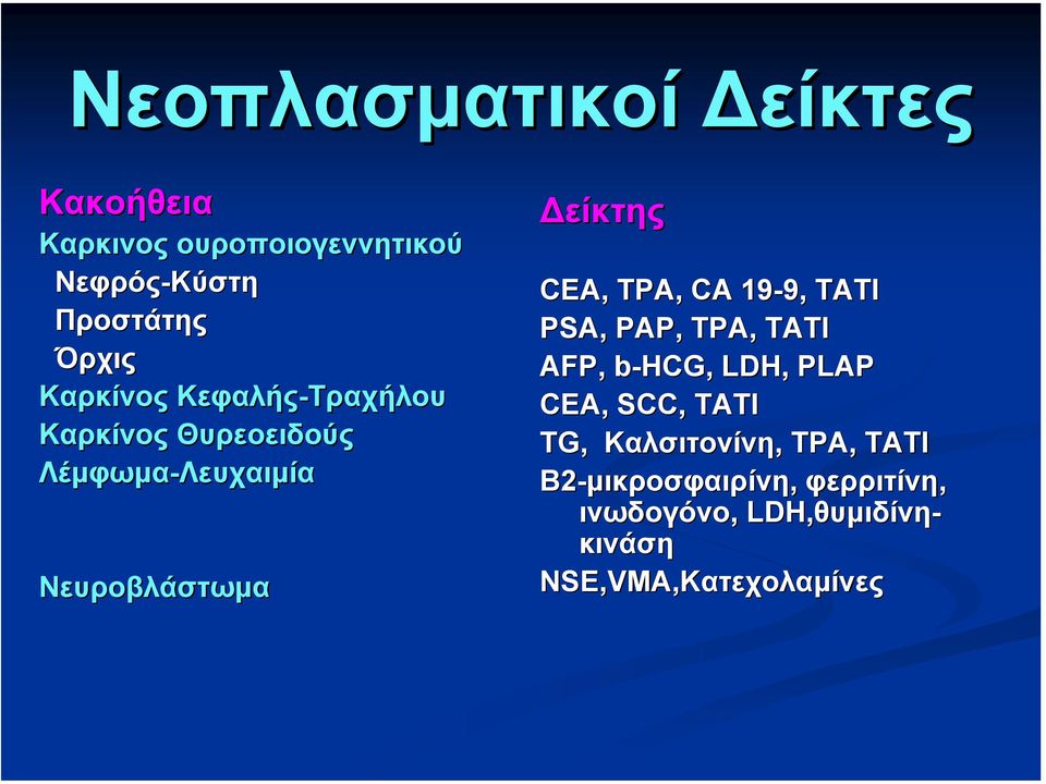 CA 19-9, 9, TATI PSA, PAP, TPA, TATI AFP, b-hcg, b LDH, PLAP CEA, SCC, TATI TG, Καλσιτονίνη, TPA,