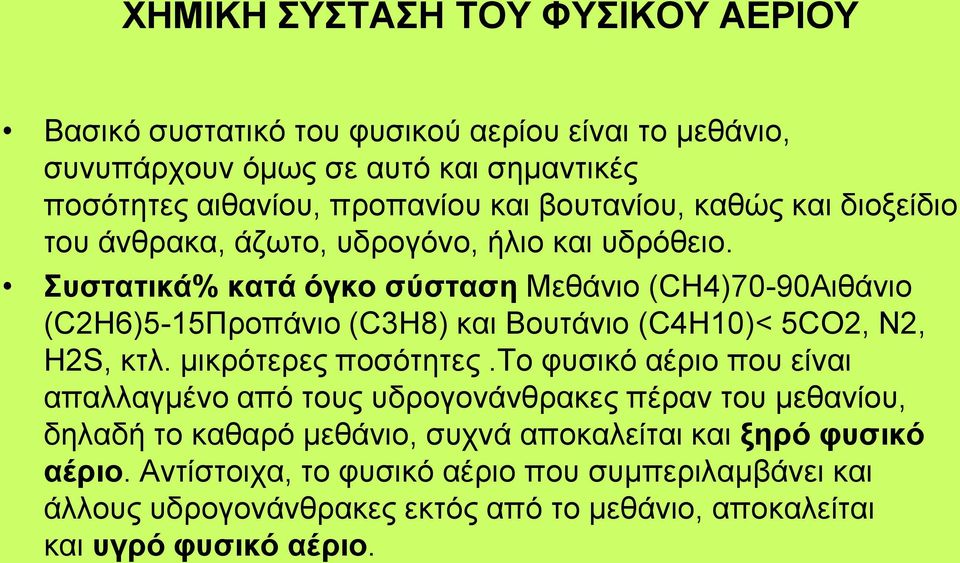 Συστατικά% κατά όγκο σύσταση Μεθάνιο (CH4)70-90Αιθάνιο (C2H6)5-15Προπάνιο (C3H8) και Βουτάνιο (C4H10)< 5CO2, N2, H2S, κτλ. μικρότερες ποσότητες.