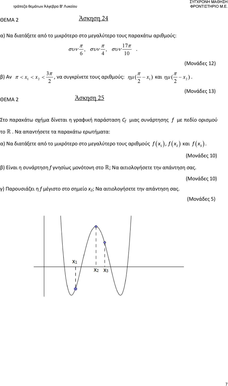 Άσκηση 5 (Μονάδες 13) Στο αρακάτω σχήμα δίνεται η γραφική αράσταση C f μιας συνάρτησης f με εδίο ορισμού το R.