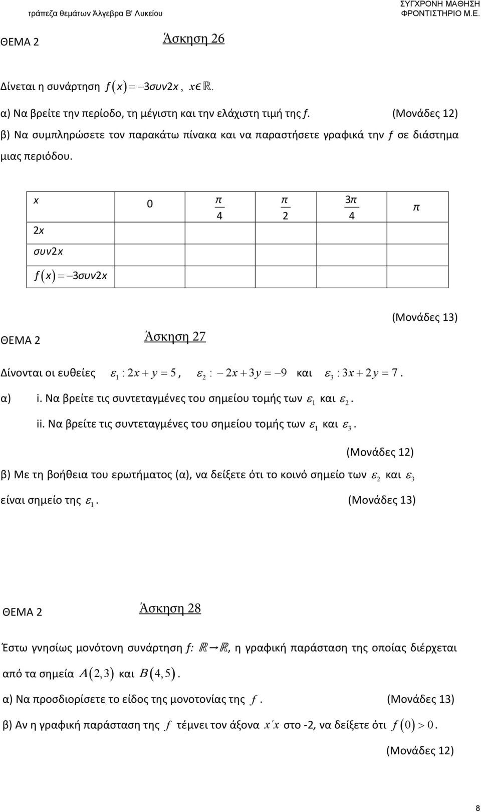 x 0 x 4 3 4 συνx ( ) = 3 f x συν x Άσκηση 7 (Μονάδες 13) Δίνονται οι ευθείες ε :x+ y = 5, ε : x+ 3y = 9 και ε :3x+ y = 7. 1 3 α) i. Να βρείτε τις συντεταγμένες του σημείου τομής των ε 1 και ε. ii.