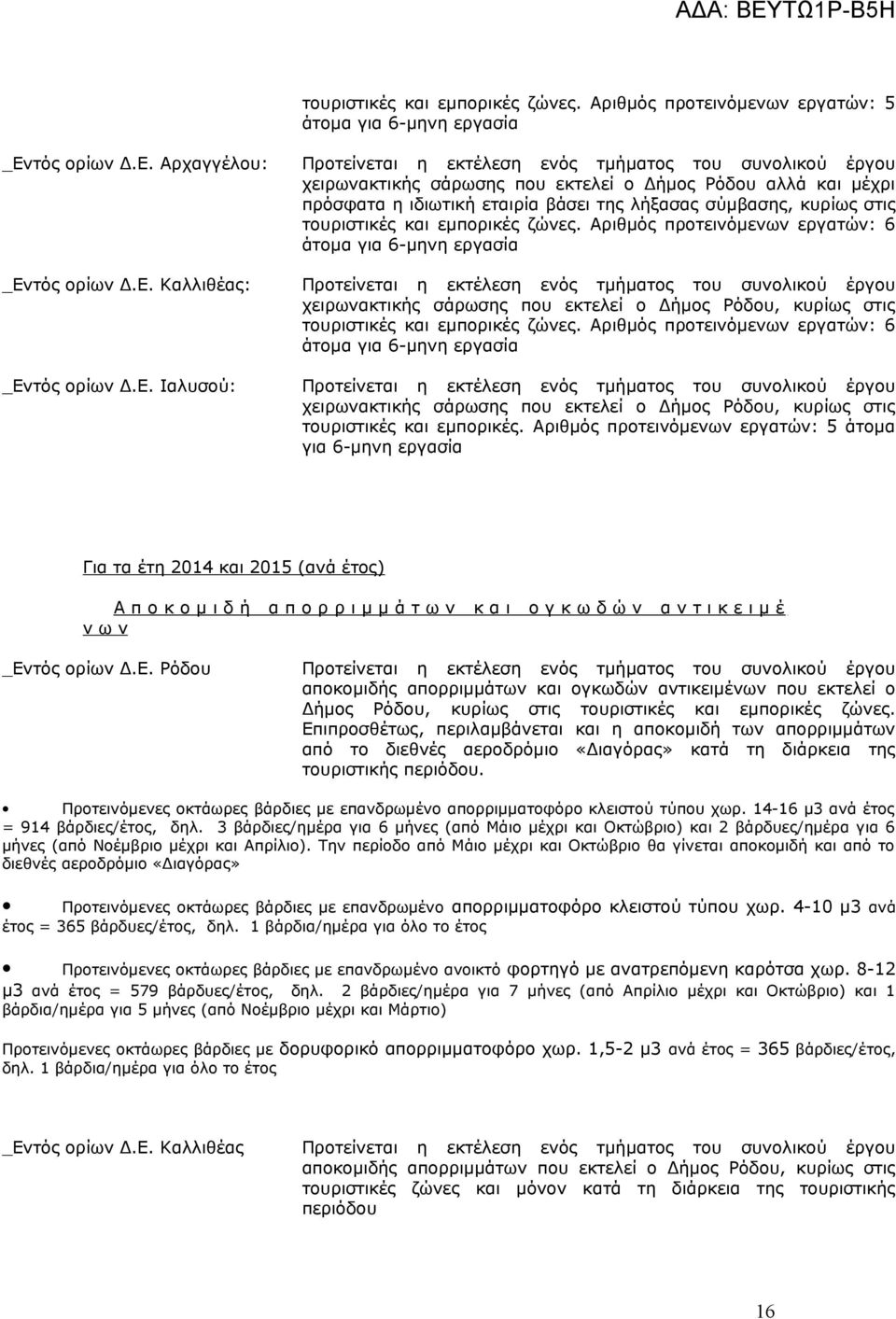 Αριθμός προτεινόμενων εργατών: 6 άτομα για 6-μηνη εργασία χειρωνακτικής σάρωσης που εκτελεί ο Δήμος Ρόδου, κυρίως στις τουριστικές και εμπορικές ζώνες.