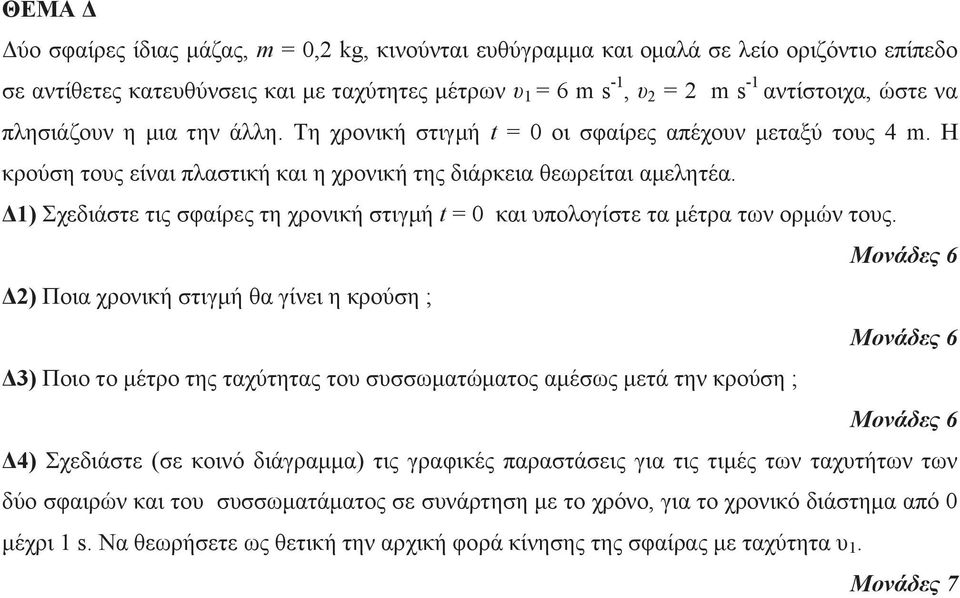 Δ1) Σχεδιάστε τις σφαίρες τη χρονική στιγμή t = 0 και υπολογίστε τα μέτρα των ορμών τους.