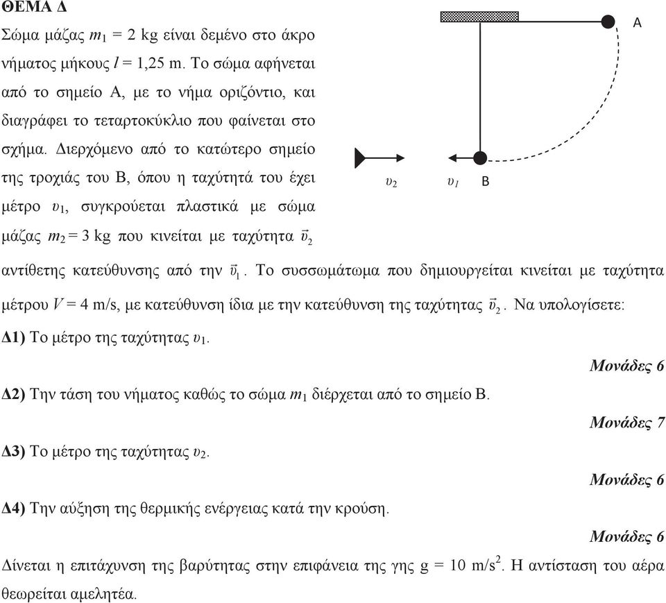την υ 1. Το συσσωμάτωμα που δημιουργείται κινείται με ταχύτητα μέτρου V = 4 m/s, με κατεύθυνση ίδια με την κατεύθυνση της ταχύτητας υ 2. Να υπολογίσετε: Δ1) Το μέτρο της ταχύτητας υ 1.