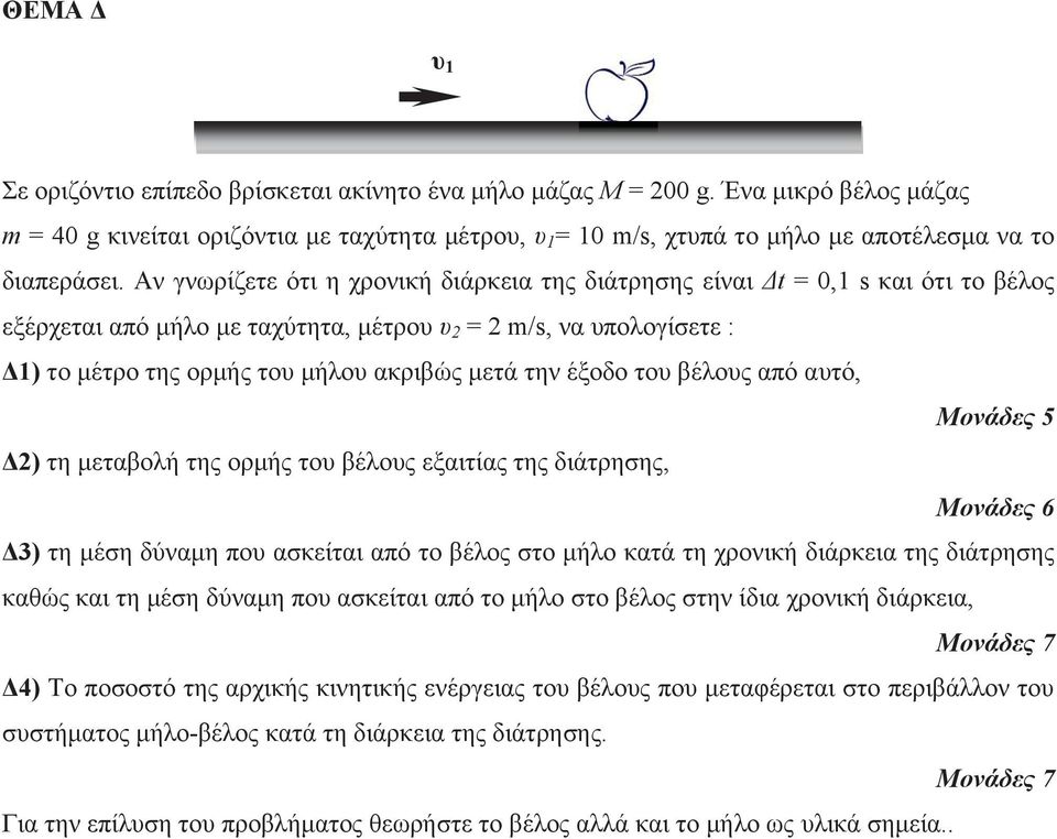 την έξοδο του βέλους από αυτό, Μονάδες 5 Δ2) τη μεταβολή της ορμής του βέλους εξαιτίας της διάτρησης, Δ3) τη μέση δύναμη που ασκείται από το βέλος στο μήλο κατά τη χρονική διάρκεια της διάτρησης