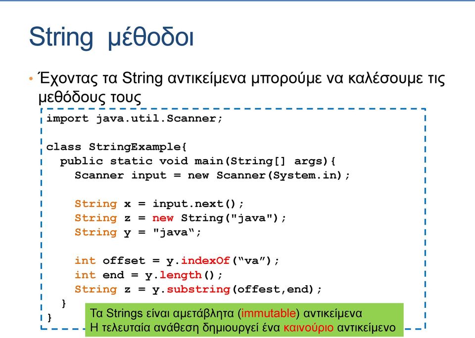 in); String x = input.next(); String z = new String("java"); String y = "java ; int offset = y.