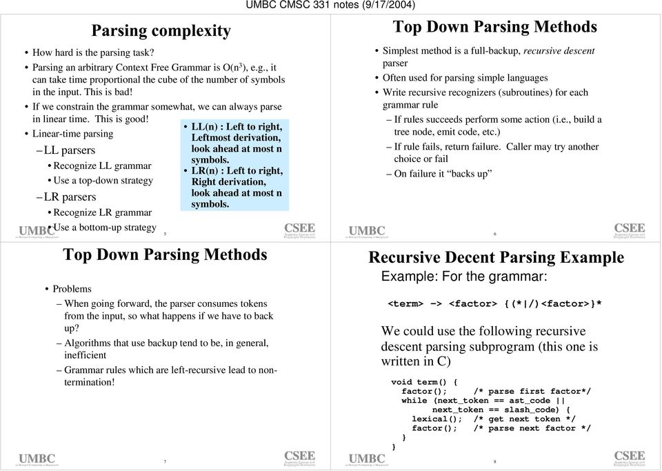 Linear-time parsing LL parsers Recognize LL grammar Use a top-down strategy LR parsers Recognize LR grammar Use a bottom-up strategy 5 LL(n) : Left to right, Leftmost derivation, look ahead at most n
