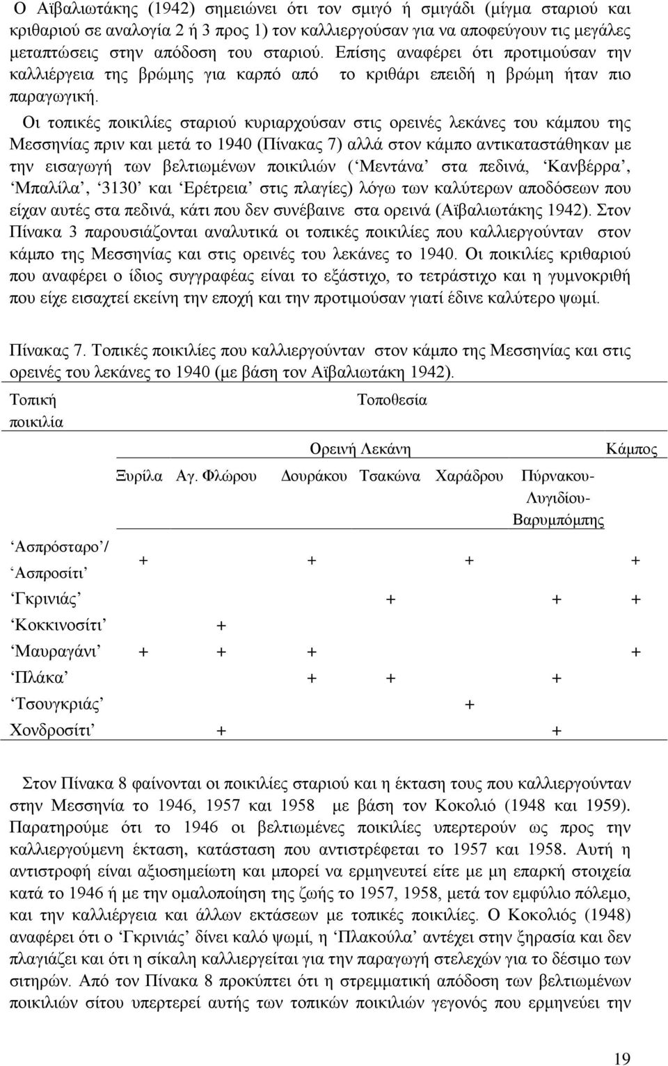 Οι τοπικές ποικιλίες σταριού κυριαρχούσαν στις ορεινές λεκάνες του κάμπου της Μεσσηνίας πριν και μετά το 1940 (Πίνακας 7) αλλά στον κάμπο αντικαταστάθηκαν με την εισαγωγή των βελτιωμένων ποικιλιών (