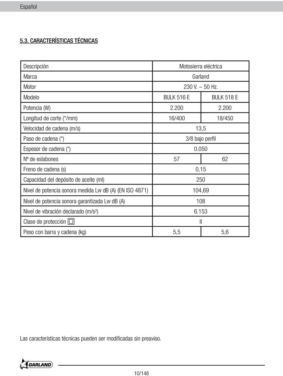 050 Nº de eslabones 57 62 Freno de cadena (s) 0,15 Capacidad del depósito de aceite (ml) 250 Nivel de potencia sonora medida Lw db (A) (EN ISO 4871) 104,69 Nivel de