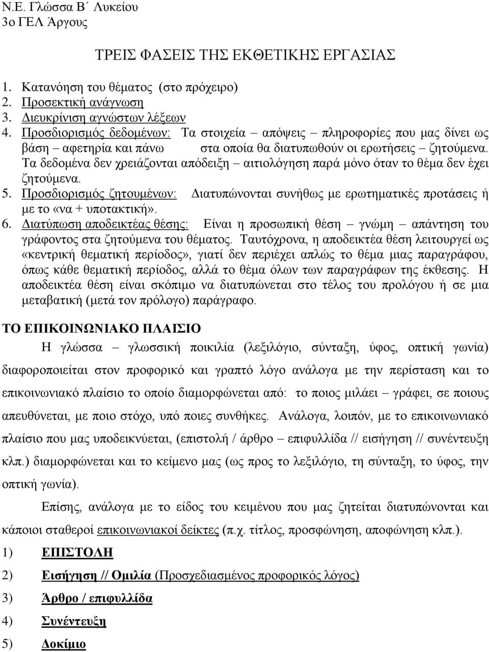 Τα δεδομένα δεν χρειάζονται απόδειξη αιτιολόγηση παρά μόνο όταν το θέμα δεν έχει ζητούμενα. 5. Προσδιορισμός ζητουμένων: Διατυπώνονται συνήθως με ερωτηματικές προτάσεις ή με το «να + υποτακτική». 6.