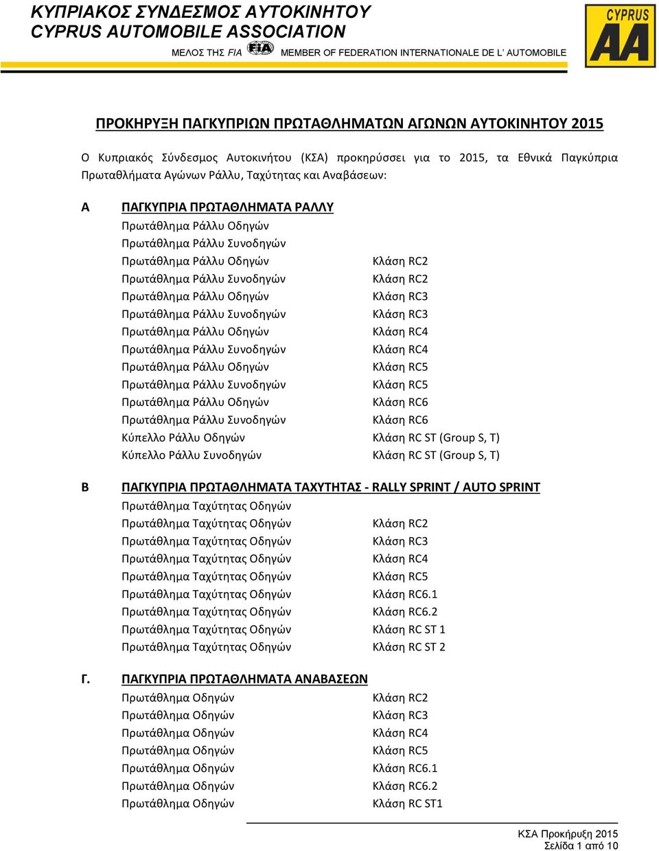 Κλάση RC4 Κλάση RC4 Κλάση RC5 Κλάση RC5 Κλάση RC6 Κλάση RC6 Κύπελλο Ράλλυ Οδηγών Κλάση RC SΤ (Group S, Τ) Κύπελλο Ράλλυ Συνοδηγών Κλάση RC SΤ (Group S, Τ) ΠΑΓΚΥΠΡΙΑ ΠΡΩΤΑΘΛΗΜΑΤΑ ΤΑΧΥΤΗΤΑΣ RALLY