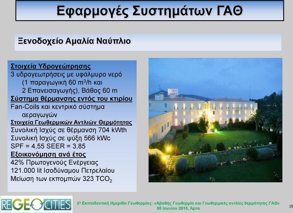 Στοιχεία Γεωθερμικών Αντλιών Θερμότητας Συνολική Ισχύς σε θέρμανση 704 kwth Συνολική Ισχύς σε ψύξη 566 kwc SPF = 4,55