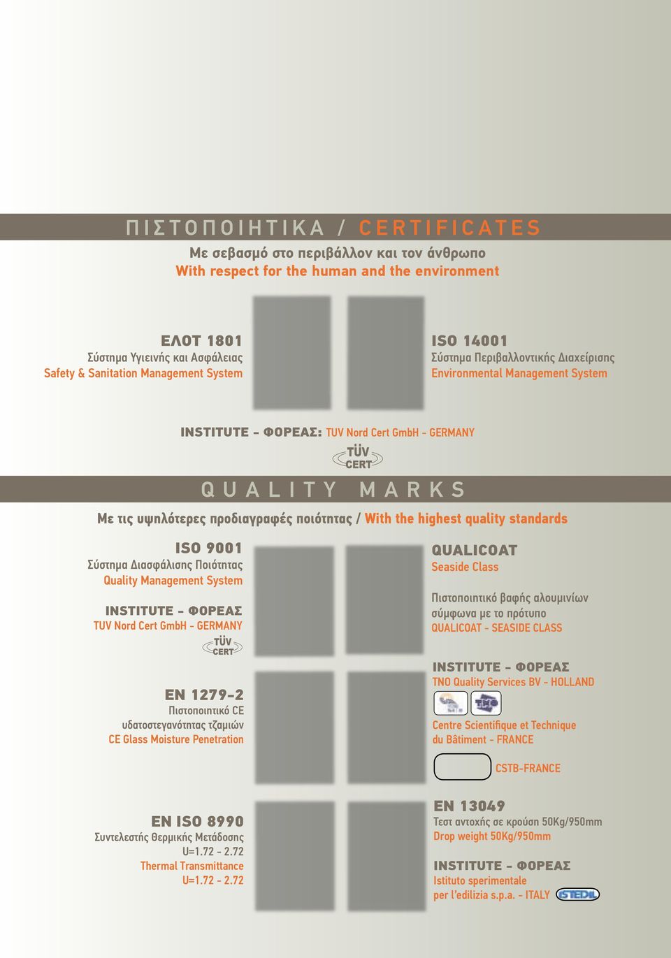 προδιαγραφές ποιότητας / With the highest quality standards ISO 9001 Σύστημα Διασφάλισης Ποιότητας Quality Management System INSTITUTE - ΦΟΡΕΑΣ TUV Nord Cert GmbH - GERMANY QUALICOAT Seaside Class