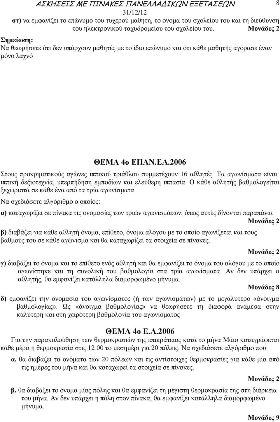 2006 Στους προκριματικούς αγώνες ιππικού τριάθλου συμμετέχουν 16 αθλητές. Τα αγωνίσματα είναι: ιππική δεξιοτεχνία, υπερπήδηση εμποδίων και ελεύθερη ιππασία.