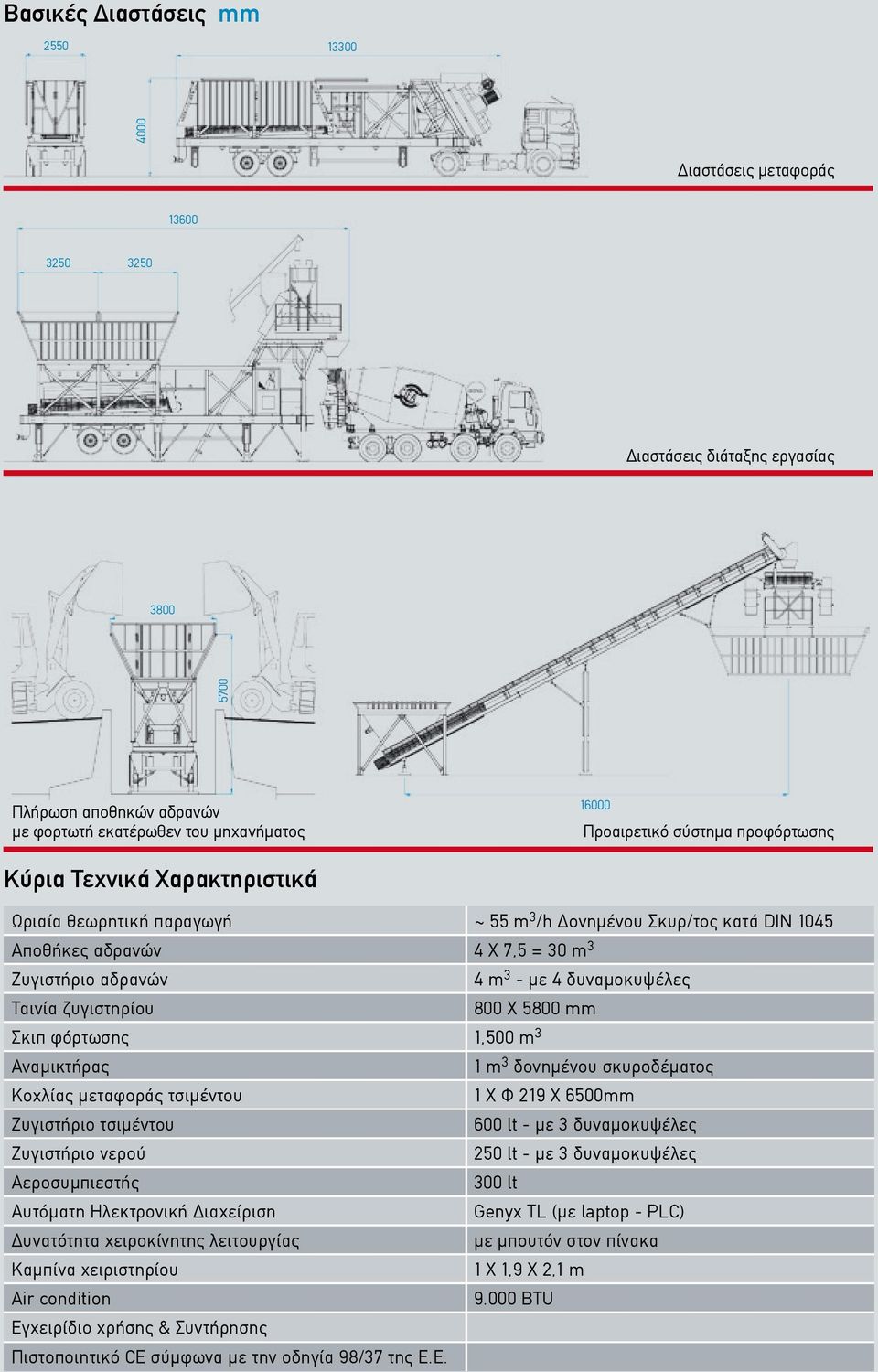 Ταινία ζυγιστηρίου 800 Χ 5800 mm Σκιπ φόρτωσης 1,500 m 3 Αναμικτήρας 1 m 3 δονημένου σκυροδέματος Κοχλίας μεταφοράς τσιμέντου 1 Χ Φ 219 Χ 6500mm Ζυγιστήριο τσιμέντου 600 lt - με 3 δυναμοκυψέλες