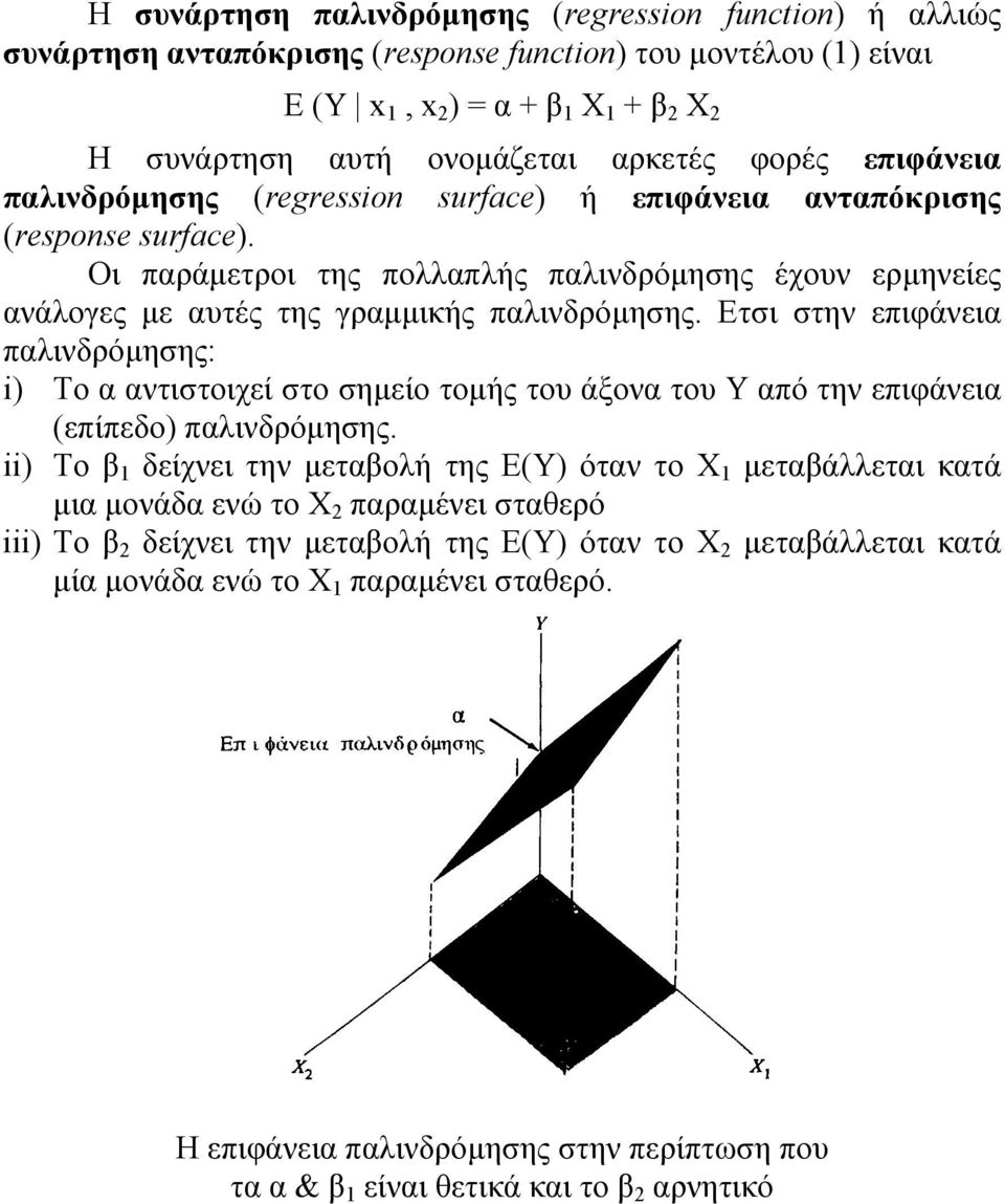 Ετσι στην επιφάνεια παλινδρόμησης: i) Το α αντιστοιχεί στο σημείο τομής του άξονα του Υ από την επιφάνεια (επίπεδο) παλινδρόμησης.