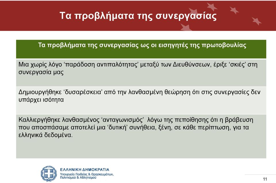 λανθασμένη θεώρηση ότι στις συνεργασίες δεν υπάρχει ισότητα Καλλιεργήθηκε λανθασμένος ανταγωνισμός λόγω της