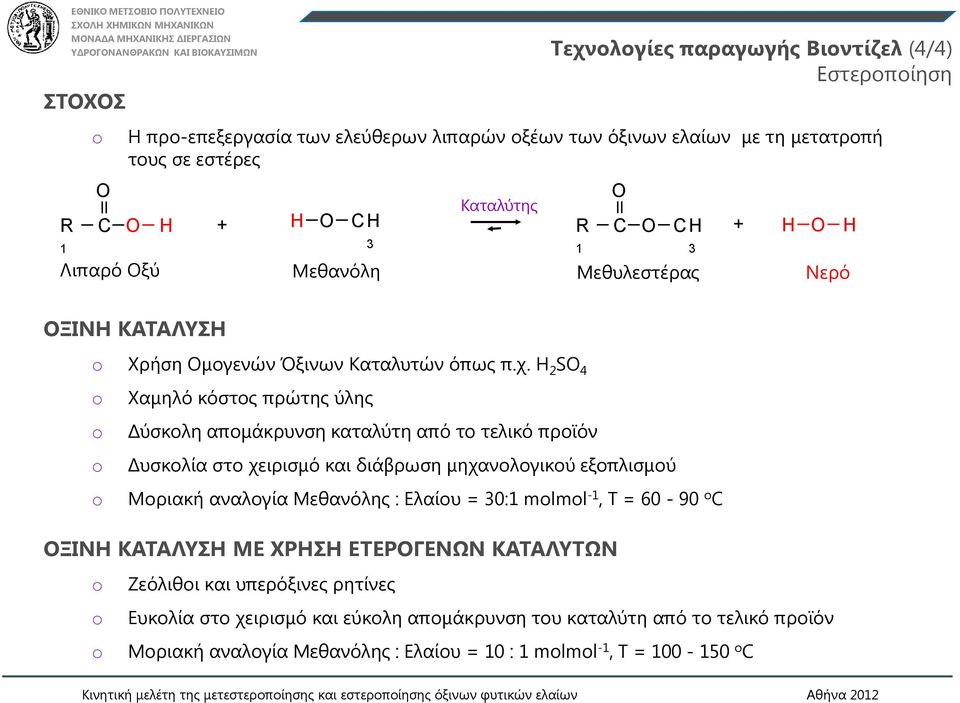 2 S 4 o Χαμηλό κόστος πρώτης ύλης o Δύσκολη απομάκρυνση καταλύτη από το τελικό προϊόν o Δυσκολία στο χειρισμό και διάβρωση μηχανολογικού εξοπλισμού o Μοριακή αναλογία Μεθανόλης :