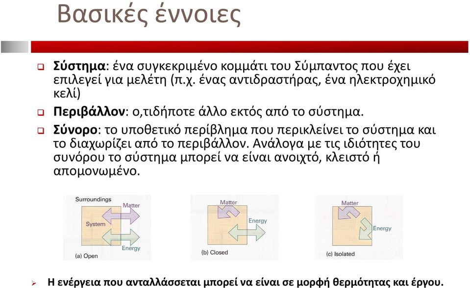 ένας αντιδραστήρας, ένα ηλεκτροχημικό κελί) Περιβάλλον: ο,τιδήποτε άλλο εκτός από το σύστημα.