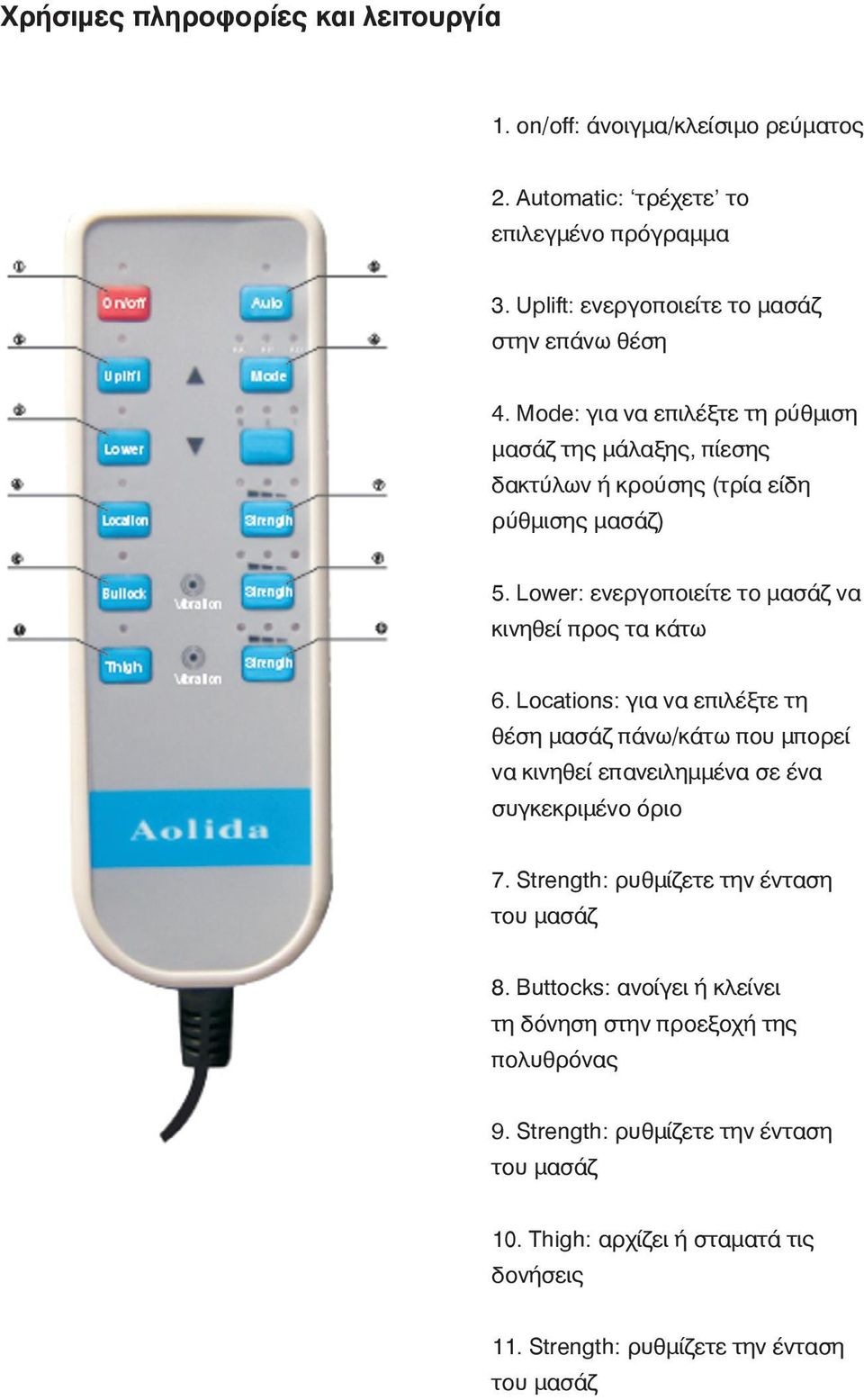Locations: για να επιλέξτε τη θέση μασάζ πάνω/κάτω που μπορεί να κινηθεί επανειλημμένα σε ένα συγκεκριμένο όριο 7. Strength: ρυθμίζετε την ένταση του μασάζ 8.