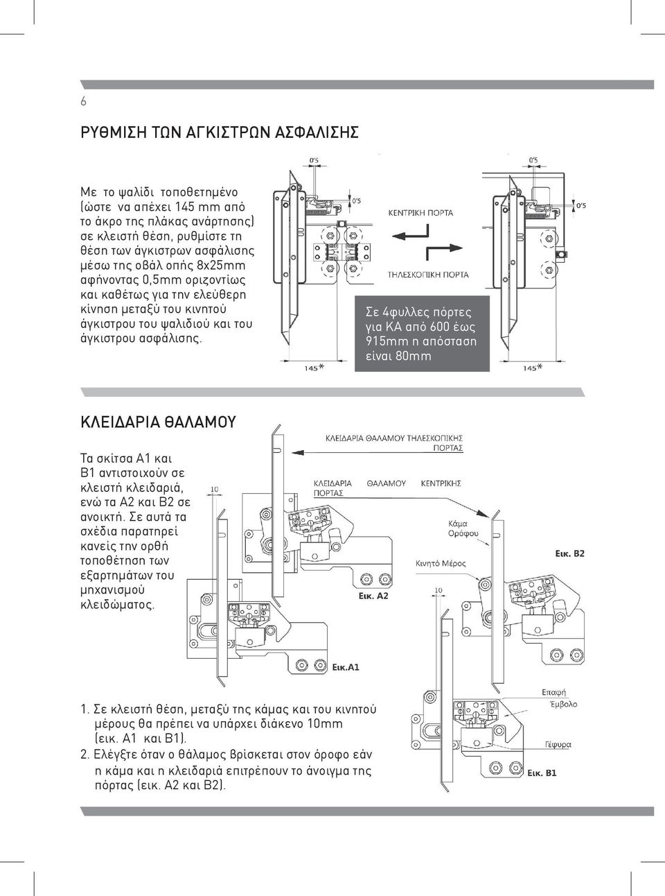 Σε 4φυλλες πόρτες για ΚΑ από 600 έως 915mm η απόσταση είναι 80mm ΚΛΕΙΔΑΡΙΑ ΘΑΛΑΜΟΥ Τα σκίτσα Α1 και Β1 αντιστοιχούν σε κλειστή κλειδαριά, ενώ τα Α2 και Β2 σε ανοικτή.