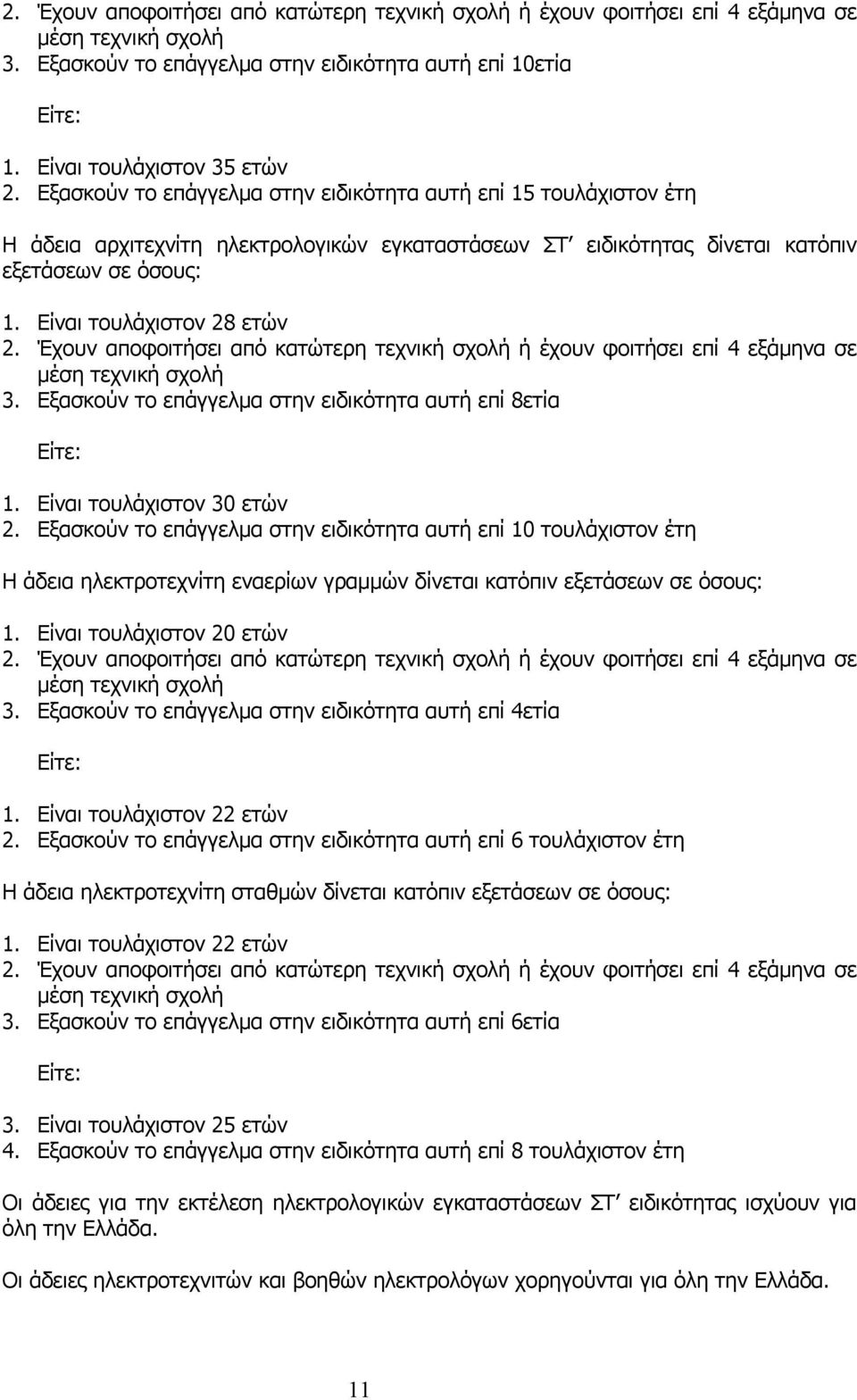 Έχουν αποφοιτήσει από κατώτερη τεχνική σχολή ή έχουν φοιτήσει επί 4 εξάμηνα σε μέση τεχνική σχολή 3. Εξασκούν το επάγγελμα στην ειδικότητα αυτή επί 8ετία 1. Είναι τουλάχιστον 30 ετών 2.