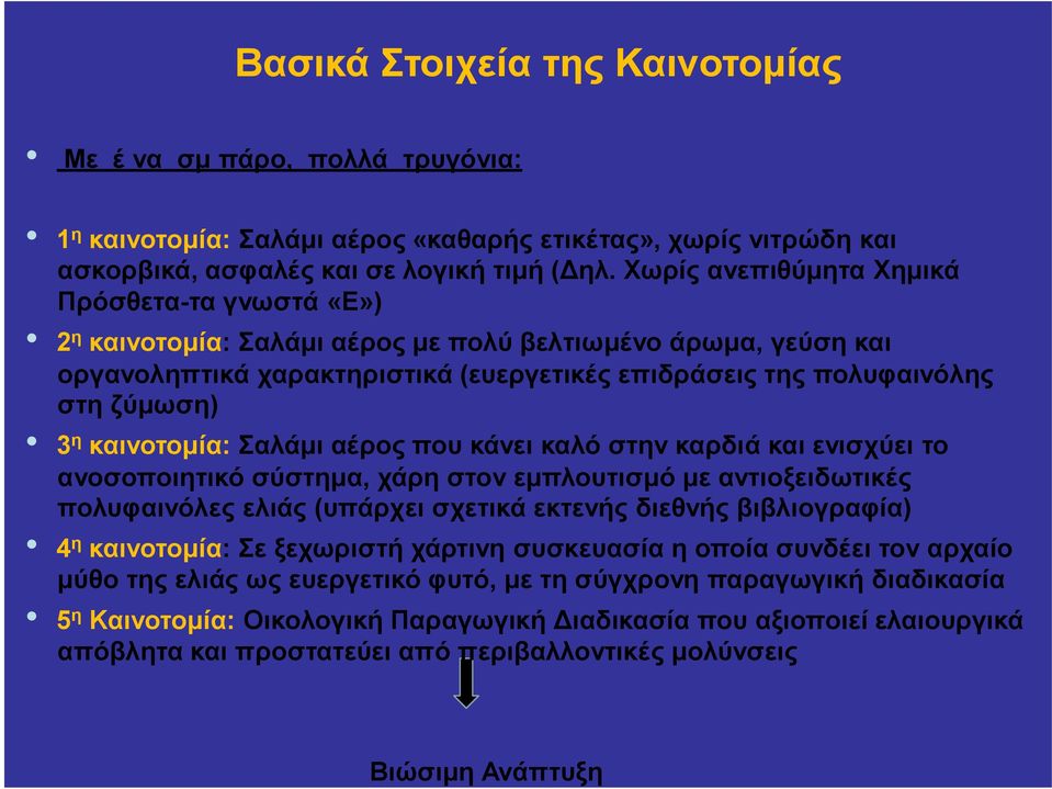 καινοτομία: Σαλάμι αέρος που κάνει καλό στην καρδιά και ενισχύει το ανοσοποιητικό σύστημα, χάρη στον εμπλουτισμό με αντιοξειδωτικές πολυφαινόλες ελιάς (υπάρχει σχετικά εκτενής διεθνής βιβλιογραφία) 4