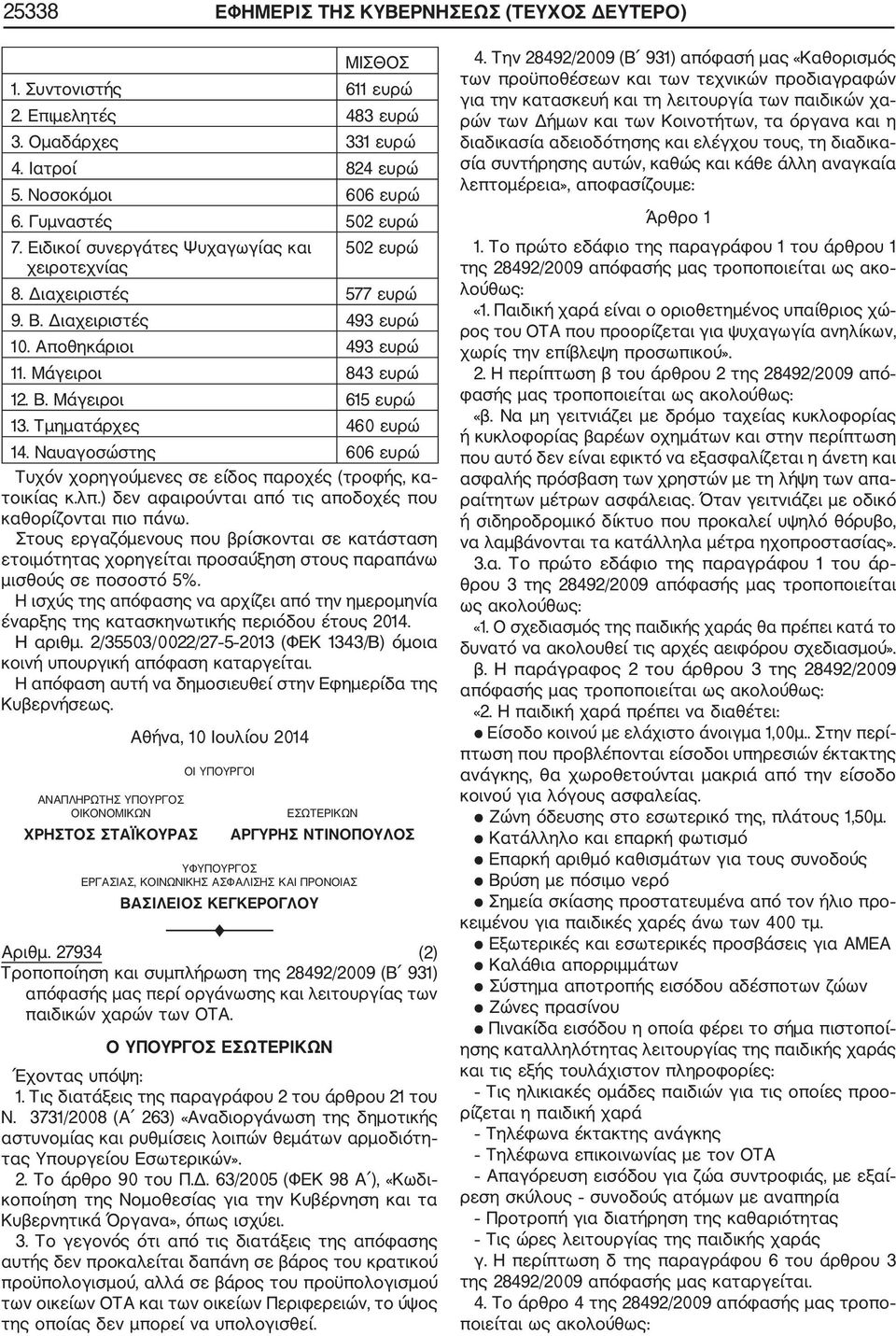 Τμηματάρχες 460 ευρώ 14. Ναυαγοσώστης 606 ευρώ Τυχόν χορηγούμενες σε είδος παροχές (τροφής, κα τοικίας κ.λπ.) δεν αφαιρούνται από τις αποδοχές που καθορίζονται πιο πάνω.