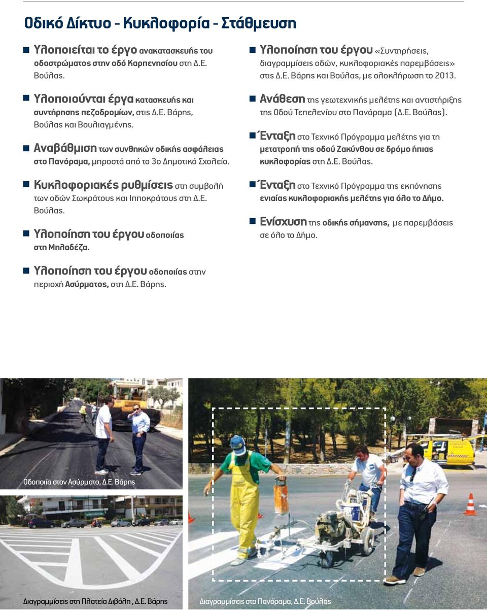 Υλοποίηση του έργου οδοποιίας στη Μηλαδέζα. Υλοποίηση του έργου «Συντηρήσεις, διαγραμμίσεις οδών, κυκλοφοριακές παρεμβάσεις» στις Δ.Ε. Βάρης και Βούλας, με ολοκλήρωση το 2013.