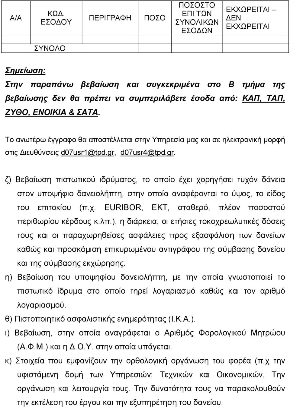 από: ΚΑΠ, ΤΑΠ, ΖΥΘΟ, ΕΝΟΙΚΙΑ & ΣΑΤΑ. Το ανωτέρω έγγραφο θα αποστέλλεται στην Υπηρεσία µας και σε ηλεκτρονική µορφή στις ιευθύνσεις d07usr1@tpd.gr,