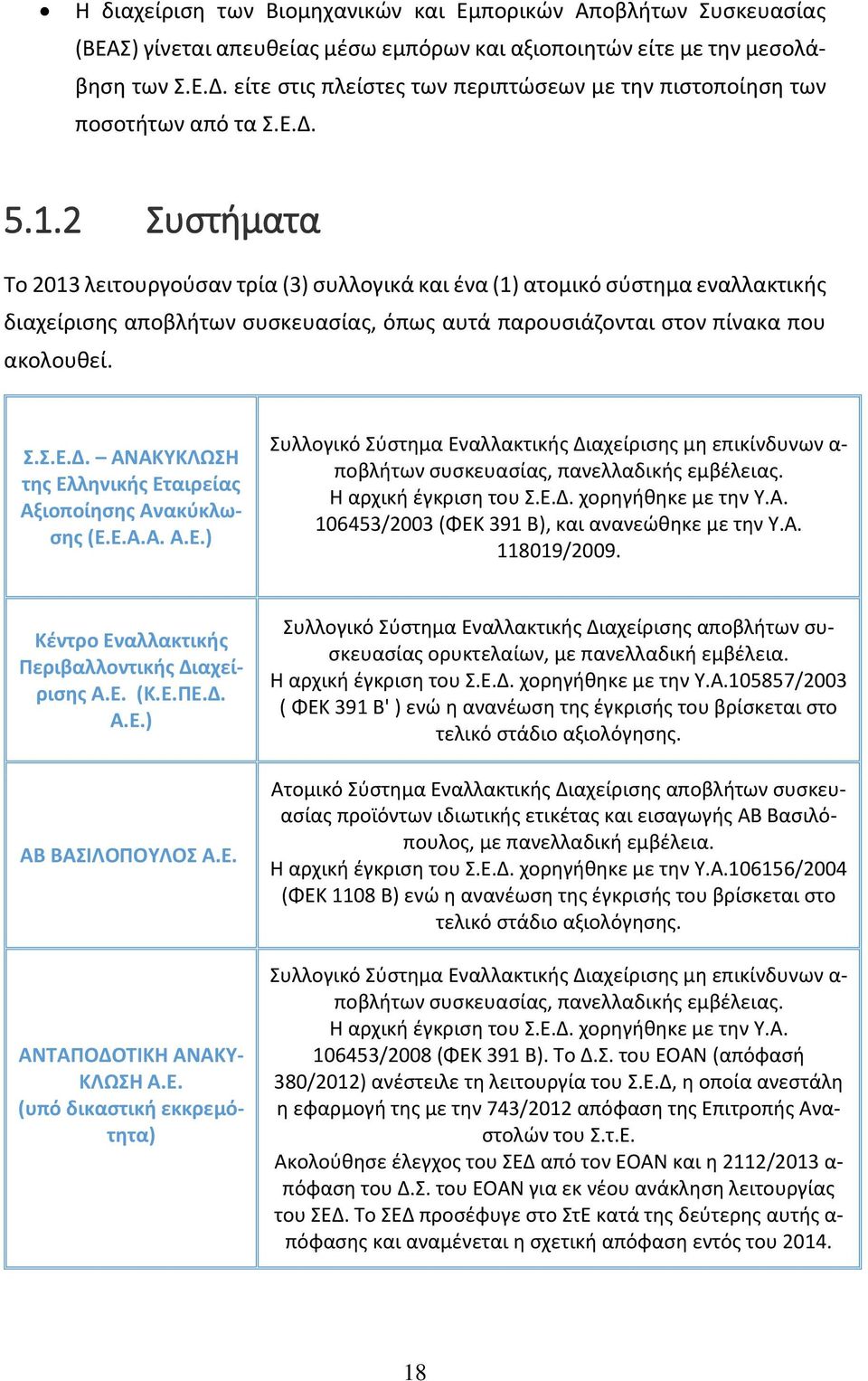 2 Συστήματα Το 2013 λειτουργούσαν τρία (3) συλλογικά και ένα (1) ατομικό σύστημα εναλλακτικής διαχείρισης αποβλήτων συσκευασίας, όπως αυτά παρουσιάζονται στον πίνακα που ακολουθεί. Σ.Σ.Ε.Δ.
