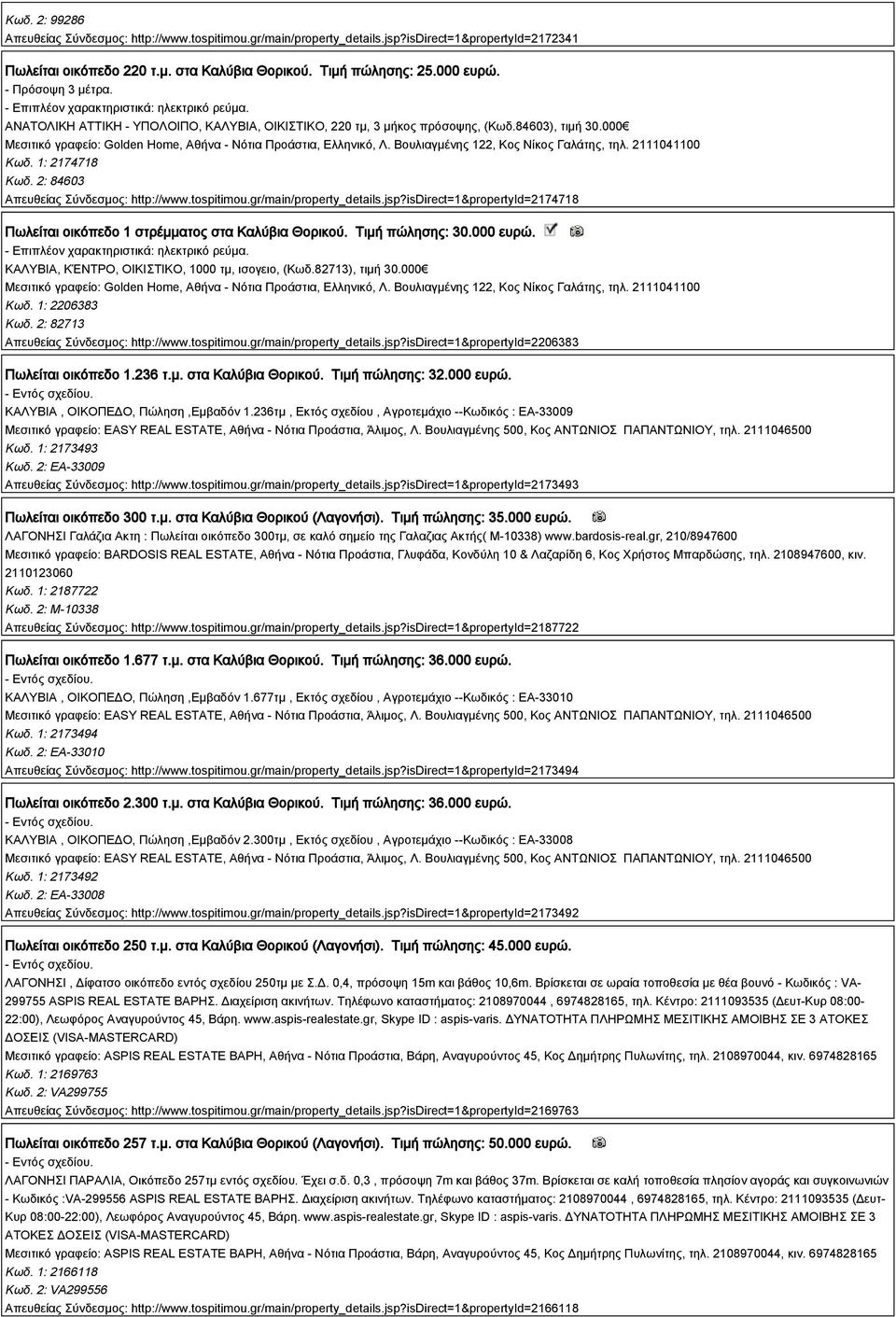 gr/main/property_details.jsp?isdirect=1&propertyid=2174718 Πωλείται οικόπεδο 1 στρέμματος στα Καλύβια Θορικού. Τιμή πώλησης: 30.000 ευρώ. ΚΑΛΥΒΙΑ, ΚΈΝΤΡΟ, ΟΙΚΙΣΤΙΚΟ, 1000 τμ, ισογειο, (Κωδ.