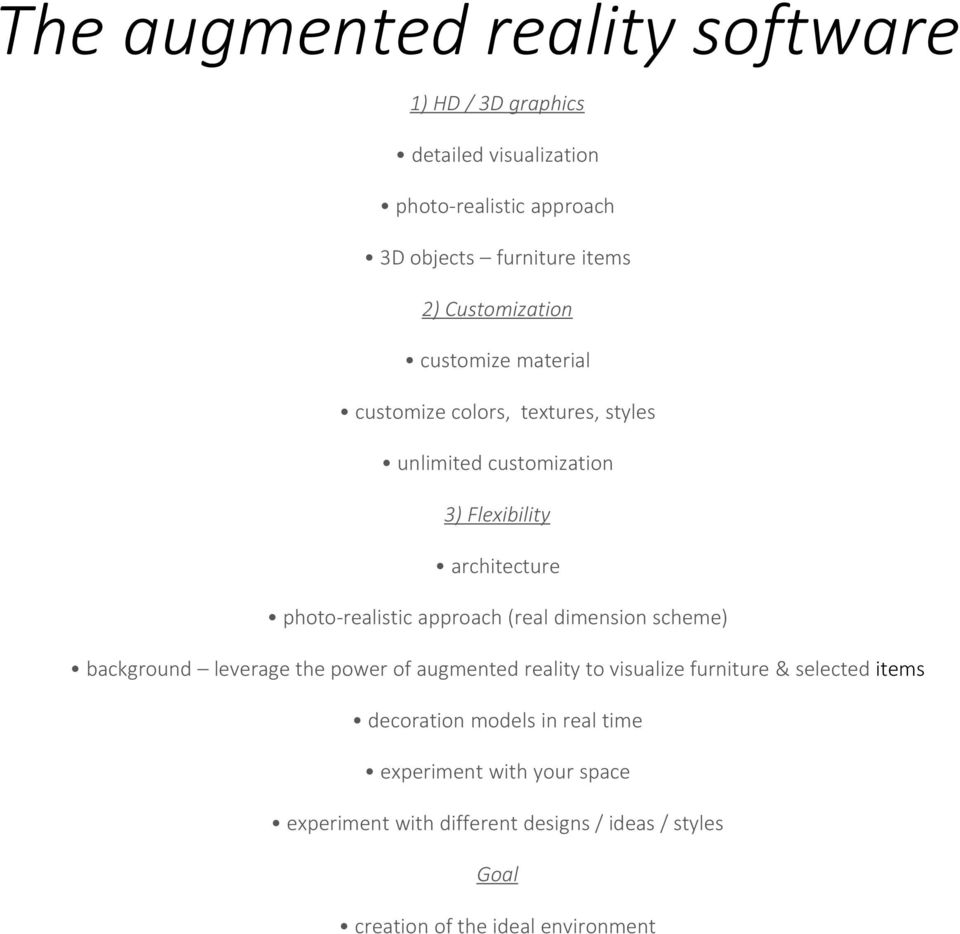 photo-realistic approach (real dimension scheme) background leverage the power of augmented reality to visualize furniture & selected