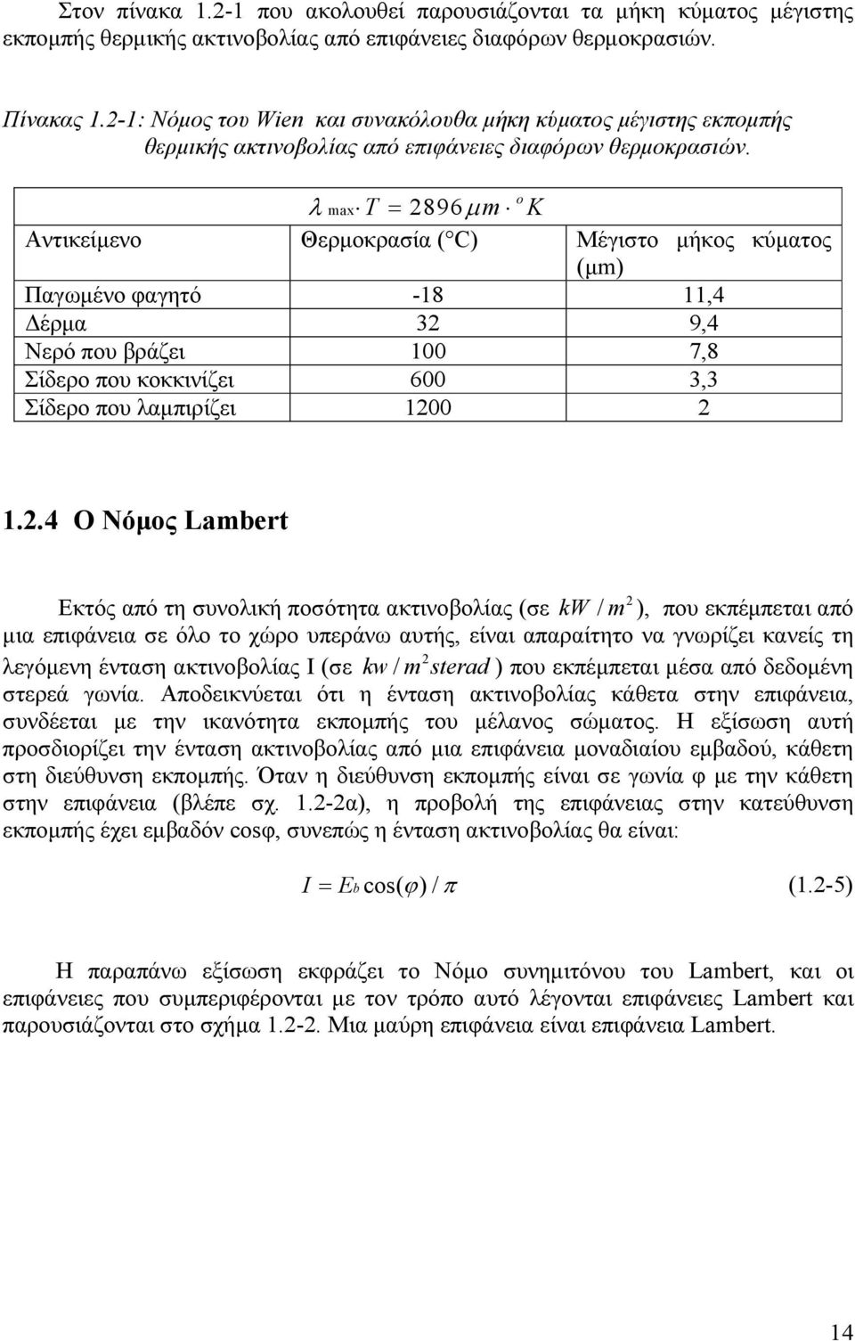 o λ max T = 2896µ m K Αντικείµενο Θερµοκρασία ( C) Μέγιστο µήκος κύµατος (µm) Παγωµένο φαγητό -18 11,4 έρµα 32 9,4 Νερό που βράζει 100 7,8 Σίδερο που κοκκινίζει 600 3,3 Σίδερο που λαµπιρίζει 1200 2 1.