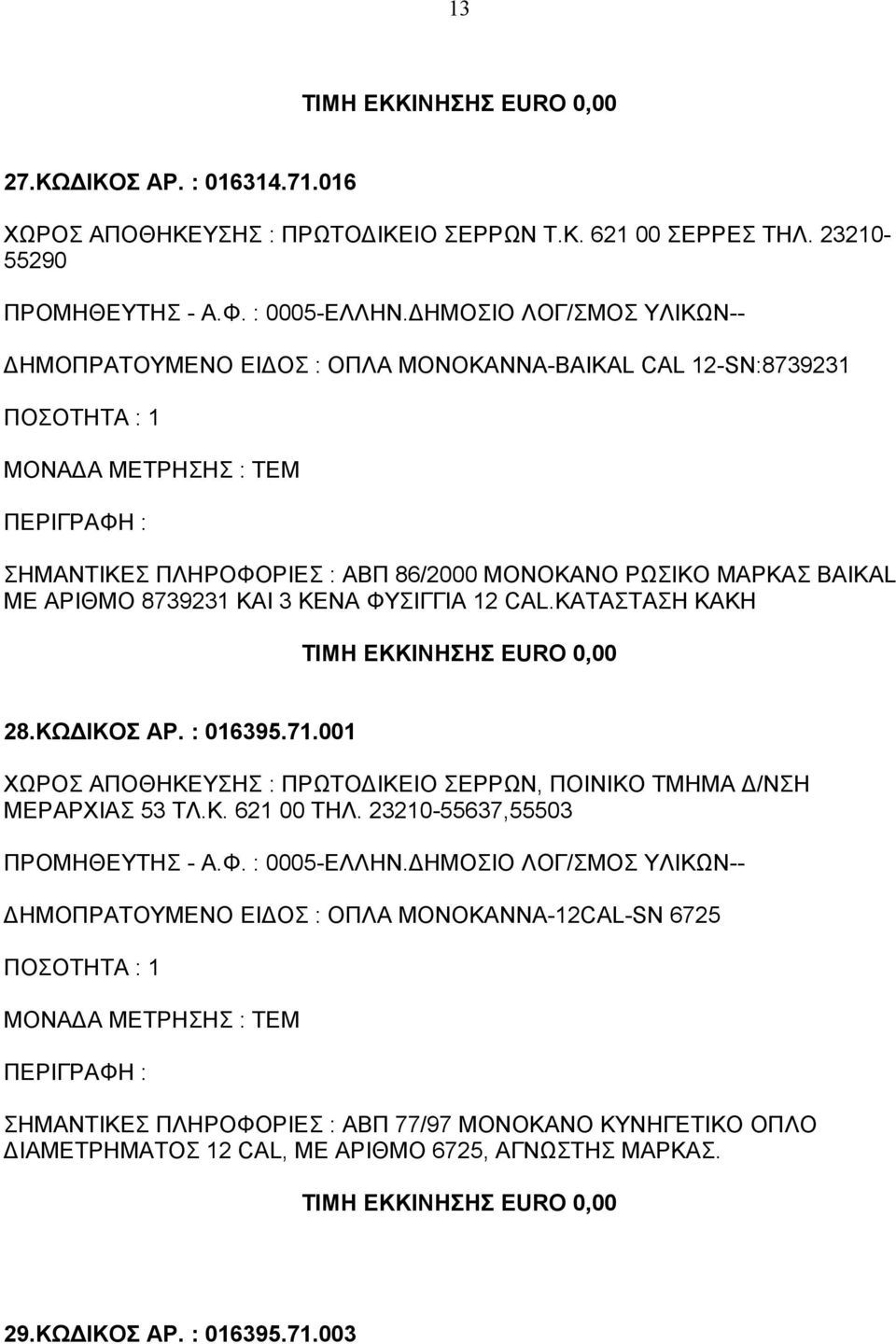 ΦΥΣΙΓΓΙΑ 12 CAL.ΚΑΤΑΣΤΑΣΗ ΚΑΚΗ 28.ΚΩΔΙΚΟΣ ΑΡ. : 016395.71.001 ΧΩΡΟΣ ΑΠΟΘΗΚΕΥΣΗΣ : ΠΡΩΤΟΔΙΚΕΙΟ ΣΕΡΡΩΝ, ΠΟΙΝΙΚΟ ΤΜΗΜΑ Δ/ΝΣΗ ΜΕΡΑΡΧΙΑΣ 53 ΤΛ.Κ. 621 00 ΤΗΛ.