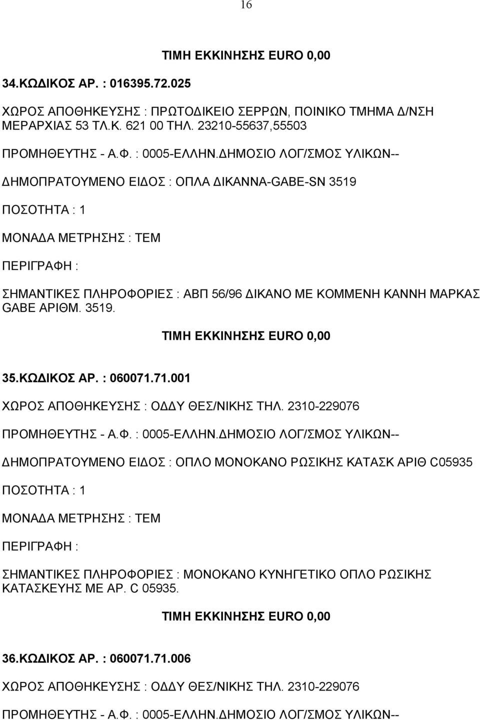 : 060071.71.001 ΧΩΡΟΣ ΑΠΟΘΗΚΕΥΣΗΣ : ΟΔΔΥ ΘΕΣ/ΝΙΚΗΣ ΤΗΛ.