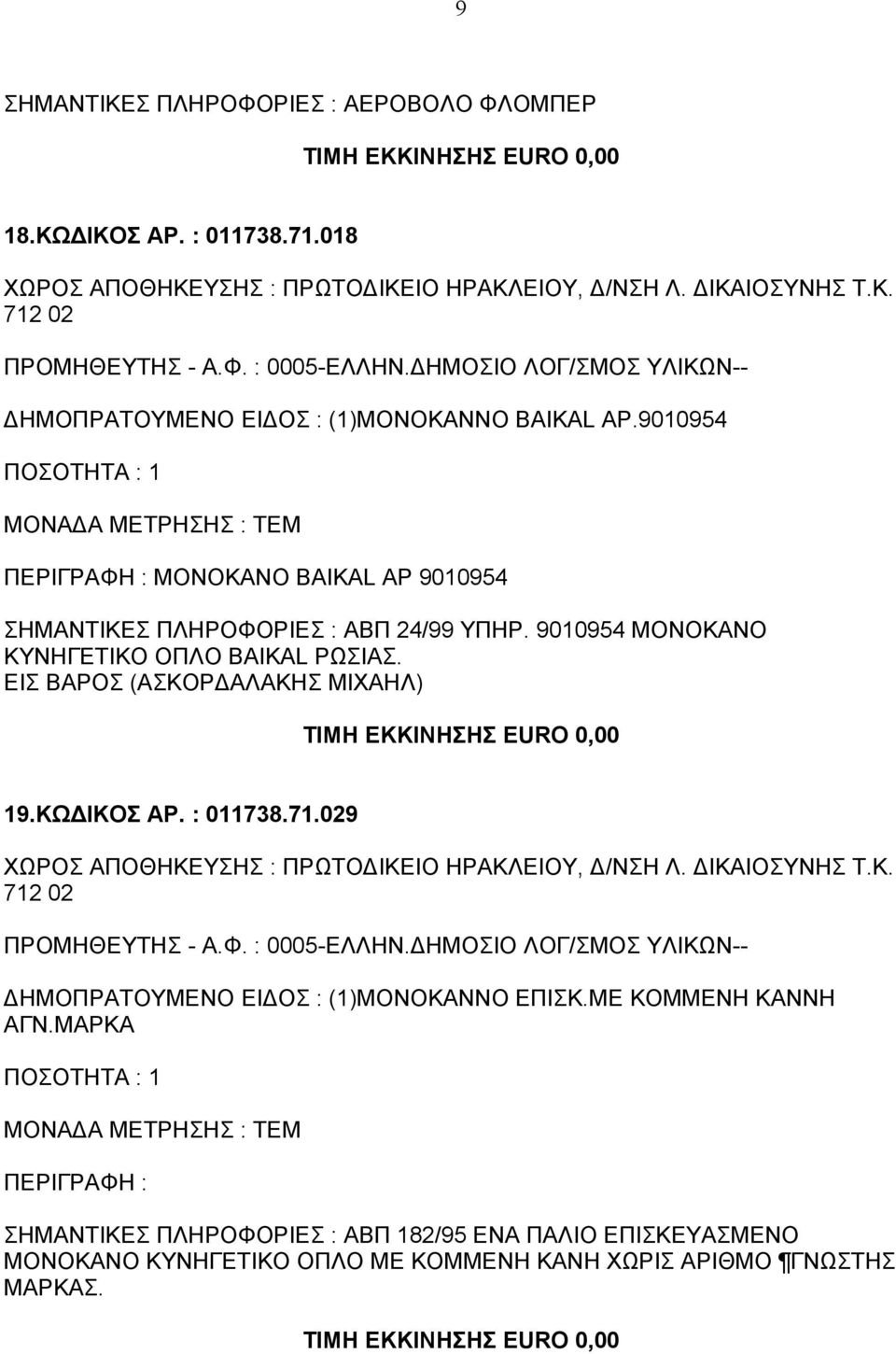 : 011738.71.029 ΧΩΡΟΣ ΑΠΟΘΗΚΕΥΣΗΣ : ΠΡΩΤΟΔΙΚΕΙΟ ΗΡΑΚΛΕΙΟΥ, Δ/ΝΣΗ Λ. ΔΙΚΑΙΟΣΥΝΗΣ Τ.Κ. 712 02 ΔΗΜΟΠΡΑΤΟΥΜΕΝΟ ΕΙΔΟΣ : (1)ΜΟΝΟΚΑΝΝΟ ΕΠΙΣΚ.