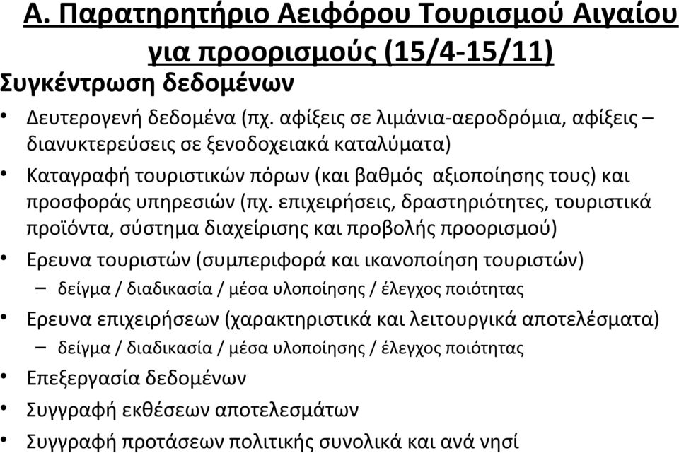 επιχειρήσεις, δραστηριότητες, τουριστικά προϊόντα, σύστημα διαχείρισης και προβολής προορισμού) Ερευνα τουριστών (συμπεριφορά και ικανοποίηση τουριστών) δείγμα / διαδικασία / μέσα