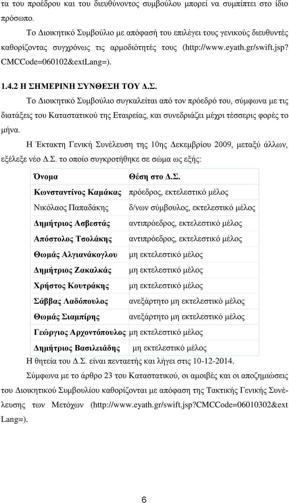 2 Η ΣΗΜΕΡΙΝΗ ΣΥΝΘΕΣΗ ΤΟΥ Δ.Σ. Το Διοικητικό Συμβούλιο συγκαλείται από τον πρόεδρό του, σύμφωνα με τις διατάξεις του Καταστατικού της Εταιρείας, και συνεδριάζει μέχρι τέσσερις φορές το μήνα.