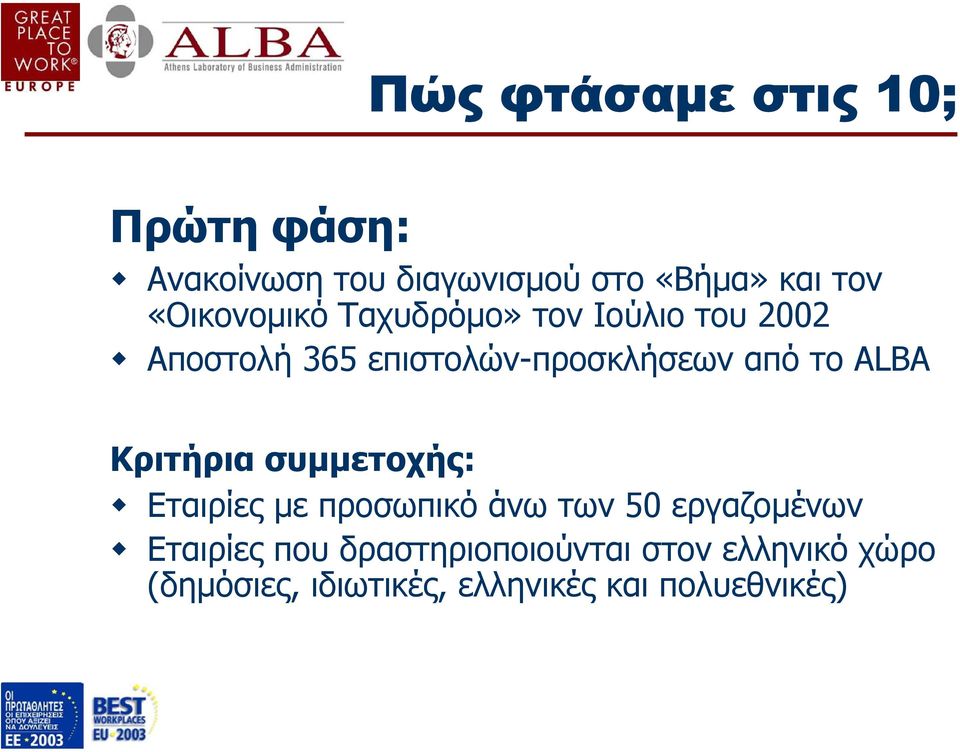 το ALBA Κριτήρια συµµετοχής: Εταιρίες µε προσωπικό άνω των 50 εργαζοµένων Εταιρίες