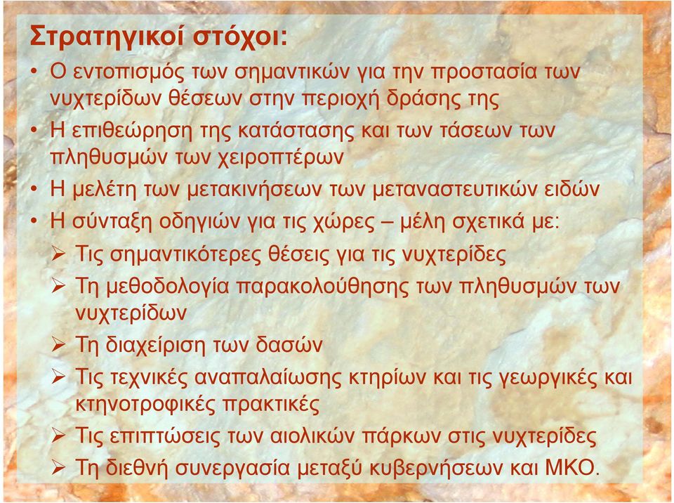 σημαντικότερες θέσεις για τις νυχτερίδες Τη μεθοδολογία παρακολούθησης των πληθυσμών των νυχτερίδων Τη διαχείριση των δασών Τις τεχνικές