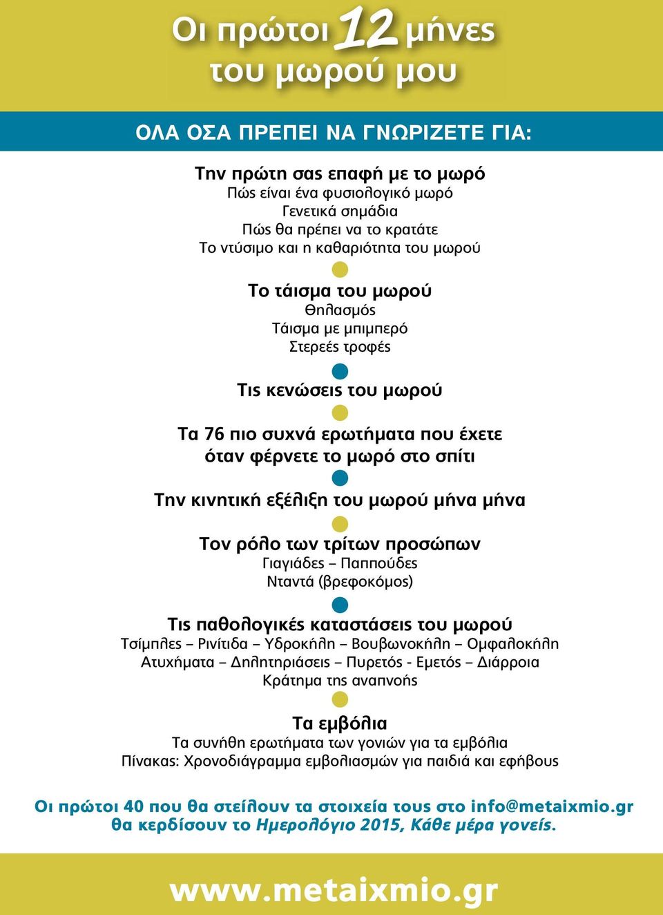 μωρού μήνα μήνα Τον ρόλο των τρίτων προσώπων Γιαγιάδες Παππούδες Νταντά (βρεφοκόμος) Τις παθολογικές καταστάσεις του μωρού Τσίμπλες Ρινίτιδα Υδροκήλη Βουβωνοκήλη Ομφαλοκήλη Ατυχήματα Δηλητηριάσεις