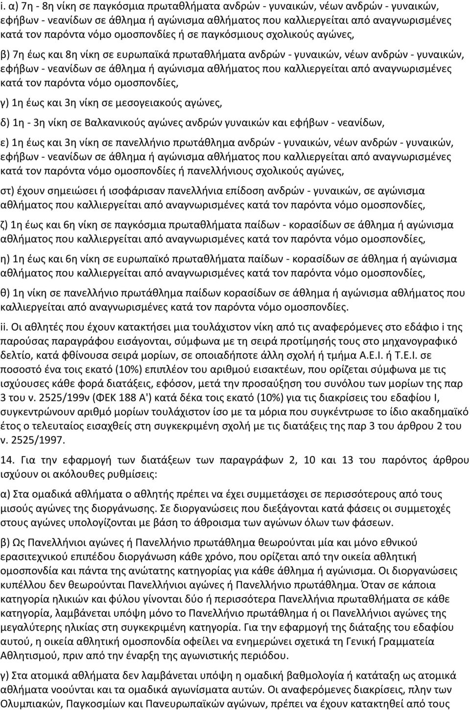 καλλιεργείται από αναγνωρισμένες κατά τον παρόντα νόμο ομοσπονδίες, γ) 1η έως και 3η νίκη σε μεσογειακούς αγώνες, δ) 1η - 3η νίκη σε Βαλκανικούς αγώνες ανδρών γυναικών και εφήβων - νεανίδων, ε) 1η