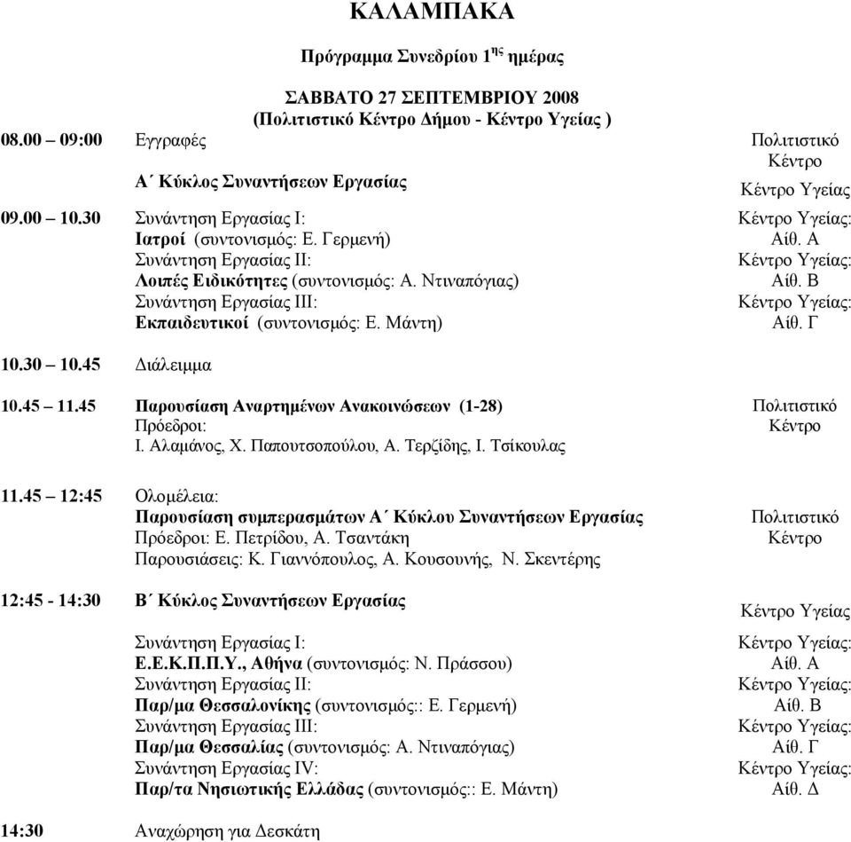 30 10.45 Διάλειμμα Αίθ. Α Αίθ. Β Αίθ. Γ 10.45 11.45 Παρουσίαση Αναρτημένων Ανακοινώσεων (1-28) Πρόεδροι: Ι. Αλαμάνος, Χ. Παπουτσοπούλου, Α. Τερζίδης, Ι. Τσίκουλας Πολιτιστικό 11.