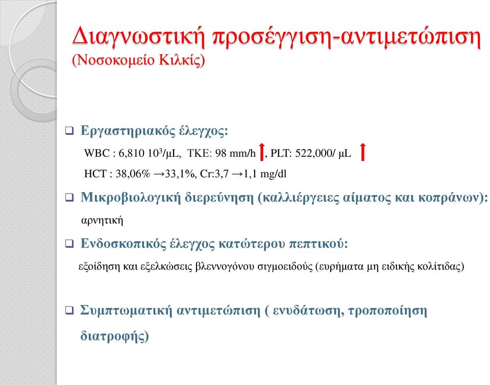 αίματος και κοπράνων): αρνητική Ενδοσκοπικός έλεγχος κατώτερου πεπτικού: εξοίδηση και εξελκώσεις