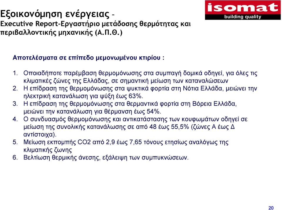 Η επίδραση της θερµοµόνωσης στα ψυκτικά φορτία στη Νότια Ελλάδα, µειώνει την ηλεκτρική κατανάλωση για ψύξη έως 63%. 3.