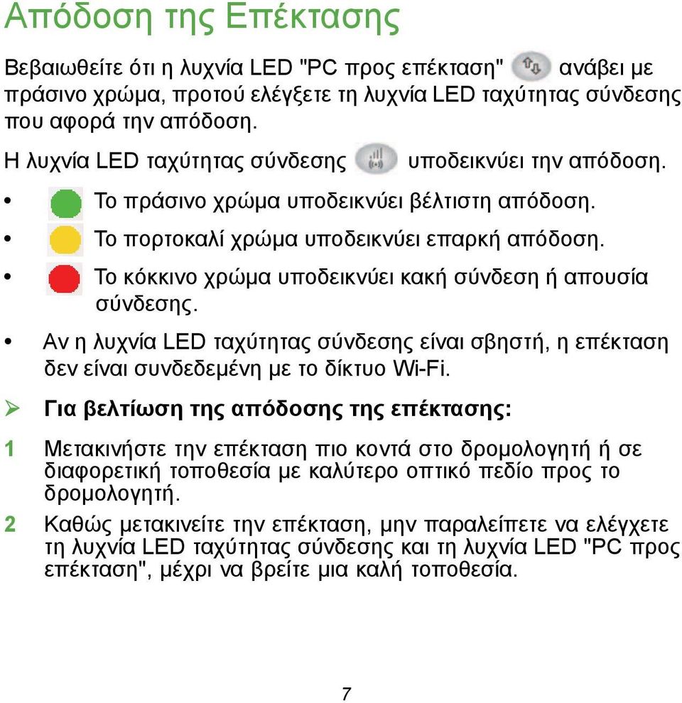 Το κόκκινο χρώμα υποδεικνύει κακή σύνδεση ή απουσία σύνδεσης. Αν η λυχνία LED ταχύτητας σύνδεσης είναι σβηστή, η επέκταση δεν είναι συνδεδεμένη με το δίκτυο Wi-Fi.