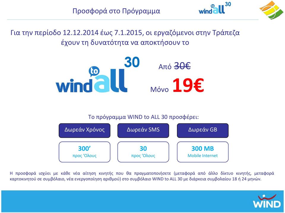 WIND to ALL 30 προσφέρει: Δωρεάν Χρόνος Δωρεάν SMS Δωρεάν GB 300 30 300 MB Mobile Internet Η προσφορά ισχύει με κάθε νέα